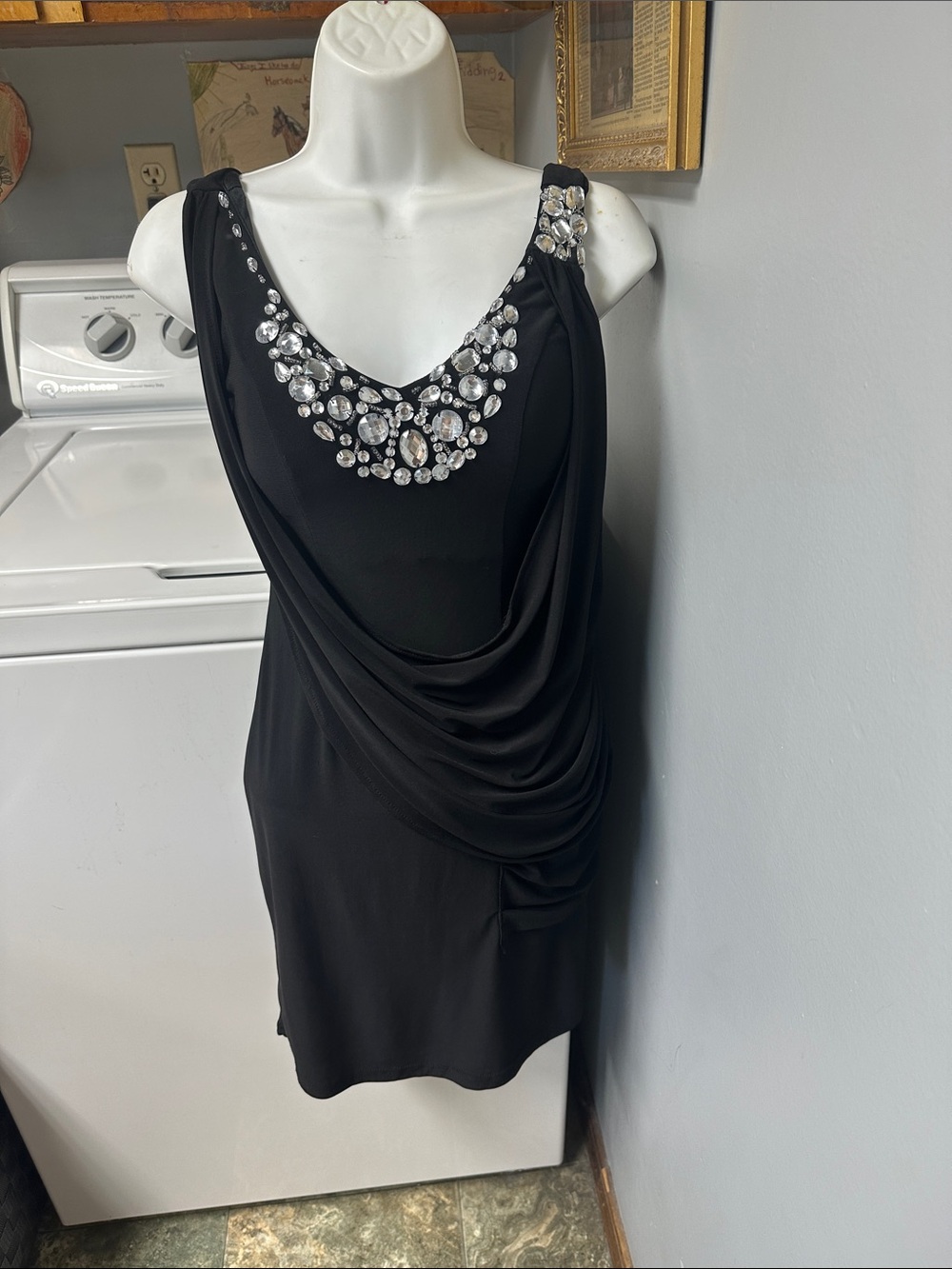 Black Embellished Draped Cocktail Dress